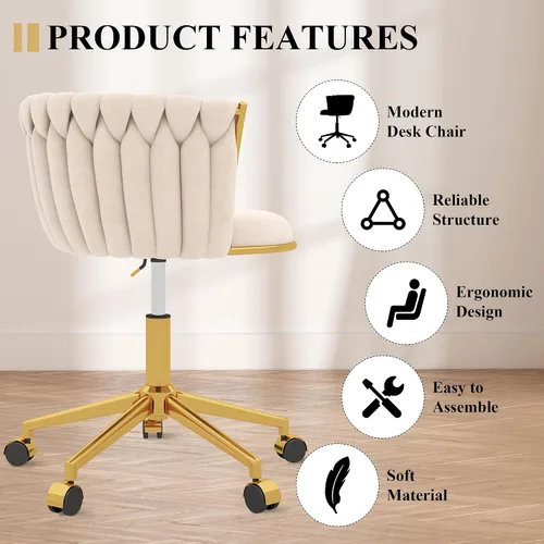 Vista 9 de Silla de escritorio de terciopelo, moderna silla de oficina con ruedas, sillón giratorio de tocador para el hogar con respaldo tejido, asiento