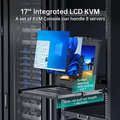 Vista 9 de MT-Viki Conmutador KVM de montaje en rack de 17" VGA 8 puertos, monitor de montaje en rack KVM Fit 1U 19'' Rack, 23.622-31.496 in (23.6~31.8'')