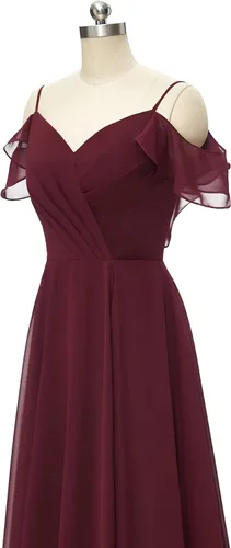 Vista 3 de kidadndy Vestidos de dama de honor de gasa con tirantes delgados, vestidos largos de fiesta de boda con abertura, mangas con volantes, vestidos