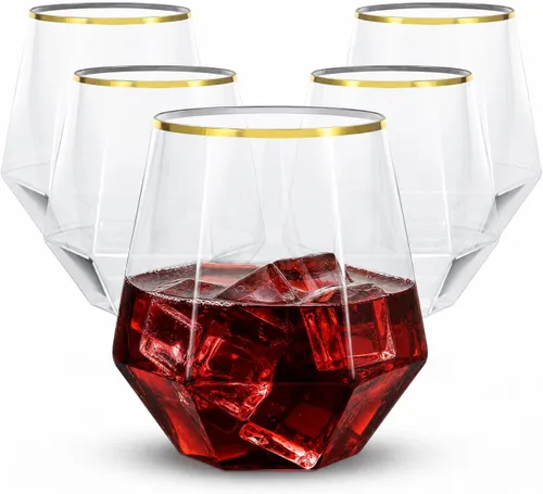 Vista 9 de LUODA Juego de 24 copas de vino de plástico con forma de diamante dorado, desechables, de 12 onzas, para cumpleaños, inauguración de la casa y bodas