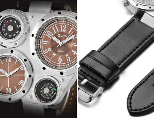 Vista 6 de OULM Hombres Militar Oversize Multi Zonas Horarias 2 Diales Cuero Analógico Deportes Reloj de Pulsera HP9415