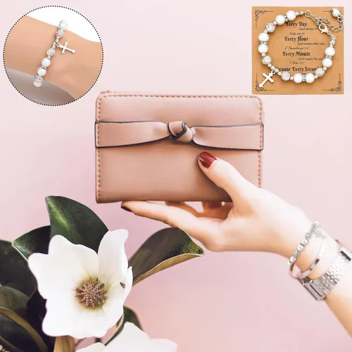 Vista 6 de 12 Piezas Pulseras de Cruz a Granel Regalos Católicos para Mujeres Hombres Recuerdos de Bautismo para Invitados Dije de Diamante de Imitación Perla