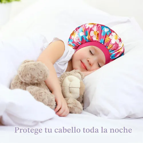 Vista 4 de 3 gorros para niños, gorros para niñas, gorro de seda satinada para dormir, gorro de dormir de banda ancha suave para trenzas de cabello rizado