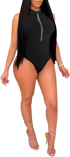 Vista 2 de Ekaliy Traje de verano para mujer, con cuello de tortuga, cremallera frontal, sin mangas, body