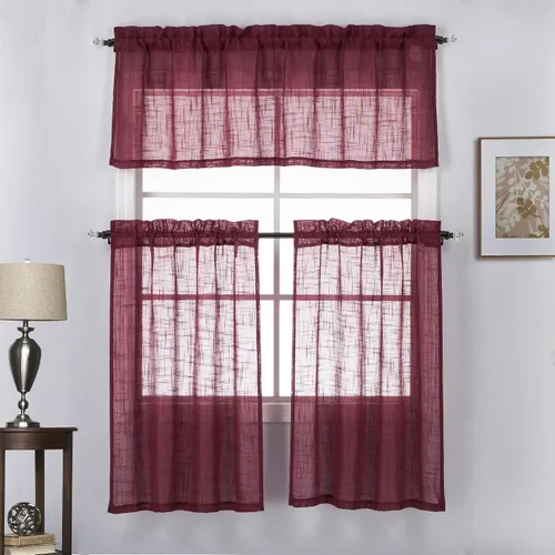 Vista 7 de Juego de 3 cortinas de lino con textura para ventana de cocina y cafetería, 24 pulgadas de largo, color negro