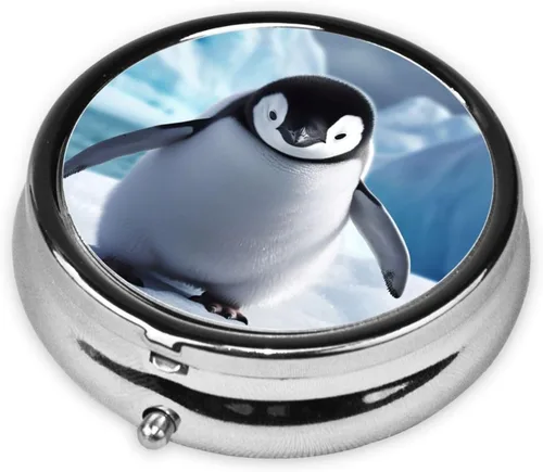 Vista 2 de Lindo Pingüinos Bebé Tomando Impresión Redonda Pastillero 3 Compartimentos Pastillero Pastillero Portátil para Medicina Diaria Suplemento Vitamina