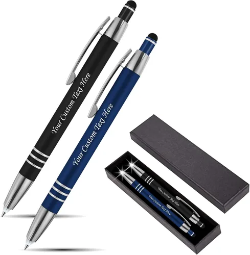 Vista 10 de Juego de regalo personalizado, 2 bolígrafos de lujo de metal de goma + linterna LED de escritor nocturno + lápiz capacitivo + caja de regalo, nombre