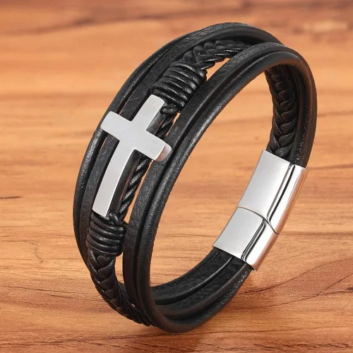 Vista 6 de Pulsera de cuero para hombre, accesorios emo, pulseras para parejas, pulseras de cruz de amistad, regalo de joyería hippie para hombres pulseras