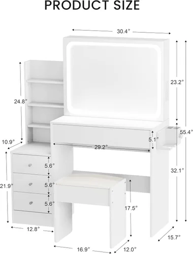 Vista 2 de Anwick - Tocador de maquillaje, escritorio de tocador de moda con espejo y luces, tocador de maquillaje con cajones y estantes, tocador blanco