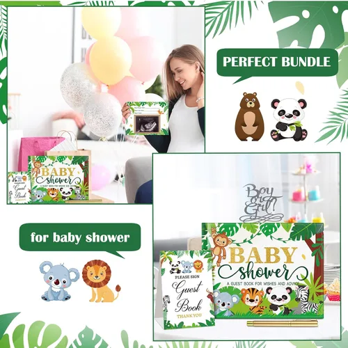 Vista 6 de Fuyoooo 27 piezas de libro de invitados para baby shower de safari en la jungla con tarjeta de lugar floral y sello de inicio de sesión para baby