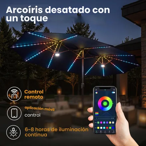 Vista 2 de ovios Sombrilla grande de patio de 15 pies con base y luces solares, paraguas rectangular de doble cara para exteriores con 38 luces RGB, paraguas