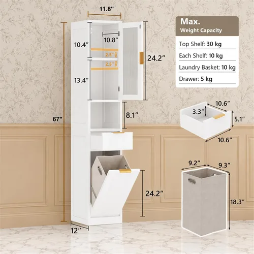 Vista 11 de Feonase Gabinete de almacenamiento de baño de 67 pulgadas de alto para Blanco perla