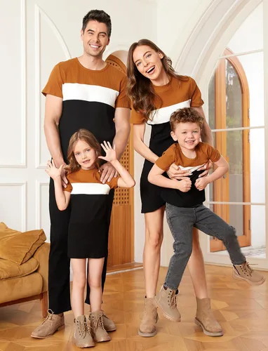 Vista 2 de PATPAT Trajes familiares a juego para mamá y yo, conjuntos a juego, manga corta, cuello redondo, vestido de camisa midi