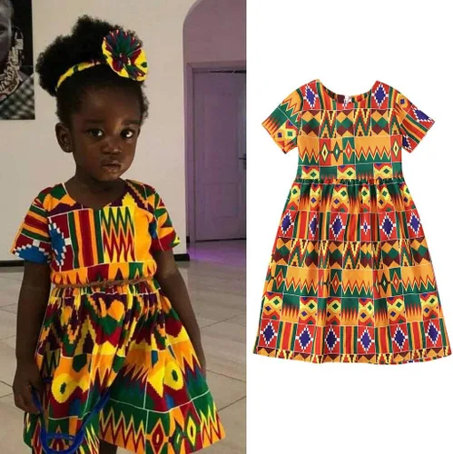 Vista 2 de Ropa de vestir de princesa de manga corta con estampado africano Dashiki para niñas pequeñas (multicolor, 2-3 años)