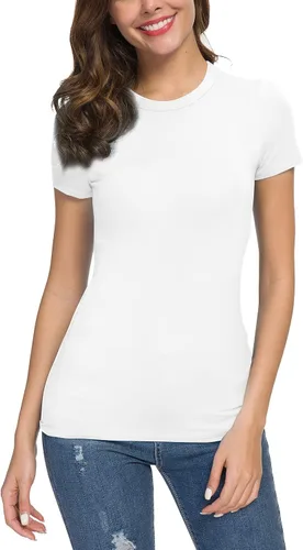 Vista 3 de EXCHIC Camiseta básica ajustada de manga corta para mujer