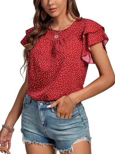 Vista 3 de LYANER Blusa de manga corta con cuello redondo y volantes para mujer