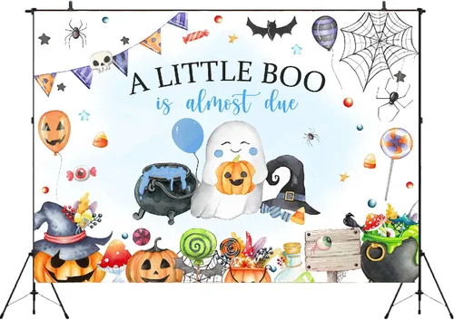 Vista 2 de Blue A Little Boo - Telón de fondo para baby shower para niños, Halloween, calabaza, baby shower, fantasma, Halloween, baby shower, decoraciones