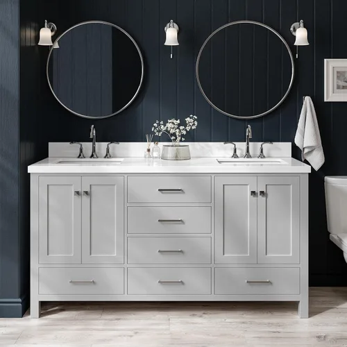 Vista 64 de ARIEL Cambridge - Mueble de baño con lavabo de 42 pulgadas, madera maciza, encimera de cuarzo blanco puro de 1.5 pulgadas, fregadero rectangular