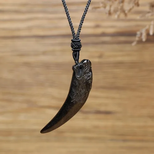 Vista 4 de COAI Collar de obsidiana de diente de lobo para hombre y mujer