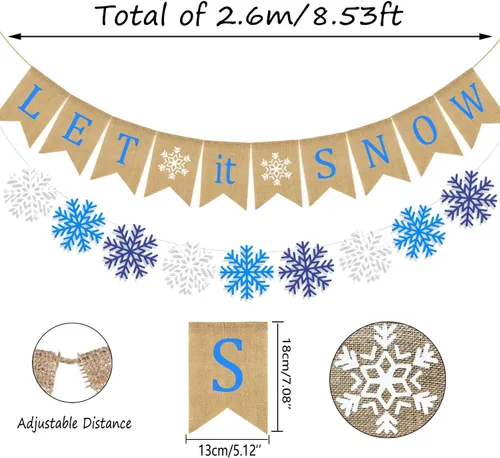 Vista 2 de Doumeny Cartel de arpillera con texto en inglés "Let It Snow", guirnalda de copos de nieve de invierno, banderines de Navidad con texto en inglés
