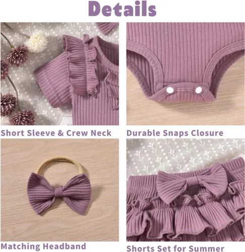 Vista 18 de Aalizzwell Body de manga corta para bebé niña con pantalones cortos acanalados