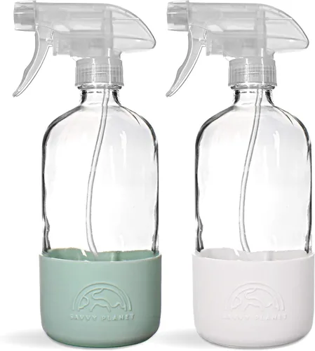 Vista 9 de SAVVY PLANET Botellas vacías de vidrio ámbar con protección de funda de silicona, recipientes recargables de 16 onzas para productos de limpieza