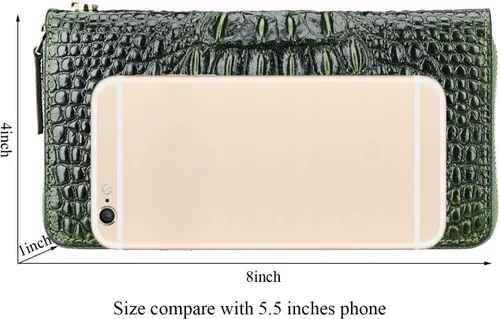 Vista 7 de PIJUSHI Billetera de piel de cocodrilo para mujer, bolso de mano, 1058 Croco Verde
