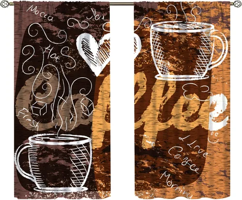 Vista 16 de Cortinas de cocina con temática de café, juegos de 2 paneles, 42 x 45 pulgadas, patrón de fiesta de té para decoración de café Estilo-5