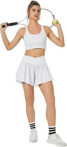 Vista 4 de Pantalones cortos deportivos para mujer, cintura alta, cruzado, 2 en 1, con bolsillo lateral, para entrenamiento, con diseño de mariposa