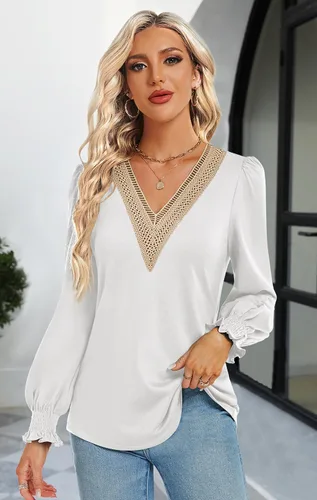 Vista 4 de Funlingo Camisetas casuales de encaje con cuello en V para mujer, blusas holgadas de manga larga abombada