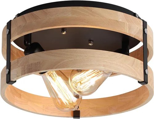 Vista 9 de Moderno de granja ?Blanco antiguo con aspecto desgastado lámpara de techo empotrada de 2 luces lámpara de techo de tambo de madera montaje