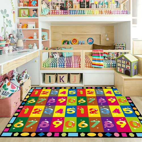 Vista 2 de Alfombra de números para niños, 3 x 4 pies, alfombra de área de aprendizaje educativa de números y formas, alfombra colorida de retazos para jugar