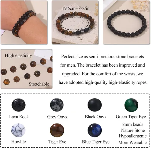 Vista 3 de SAMOCO 12 piezas de pulseras de ojo de tigre para hombres, piedra natural, cuentas de 8 mm, juego de pulseras elásticas ajustables de roca de lava