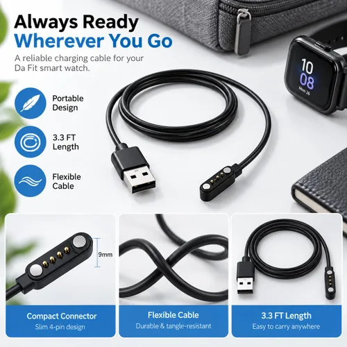 Vista 5 de Compatible con el cable cargador de reloj inteligente Da Fit de 3.3 pies, repuesto de cable de carga USB, cargador para relojes inteligentes Da Fit