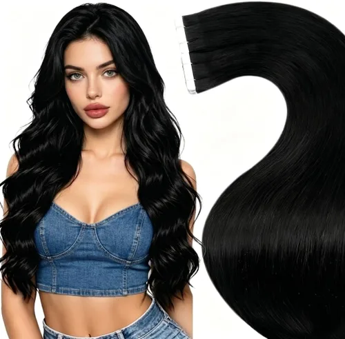 Vista 14 de LaaVoo Extensiones adhesivas de cabello humano real, color negro azabache, extensiones de cabello humano liso y sedoso, 10 pulgadas, 20