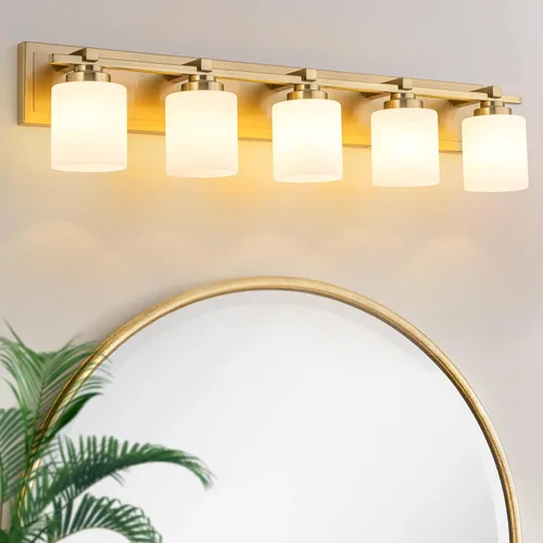 Vista 34 de 1 Luminaria Moderna de Baño sobre Espejo, Luces de Tocador Negro Dorado para Apliques de Pared de Baño con Pantallas de Vidrio Blanco Lechoso