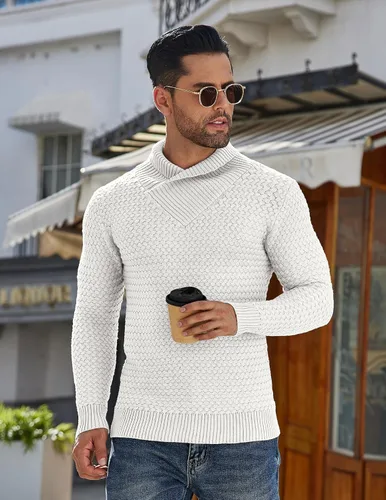 Vista 2 de COOFANDY Suéter de punto con cuello de chal para hombre, cuello alto, ajustado, manga larga, suéter casual