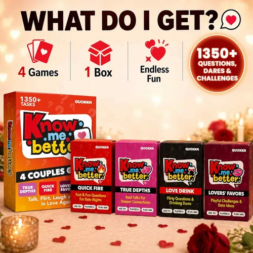Vista 2 de QUOKKA Juegos para parejas Know Me Better 4 en 1 - Juego de cartas de relación con más de 1350 preguntas iniciales de conversación, desafíos