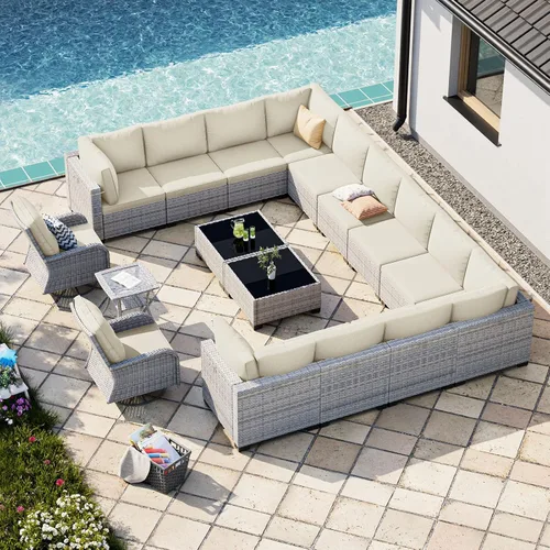 Vista 150 de Juego de sofá modular de mimbre de polietileno para exteriores Gris