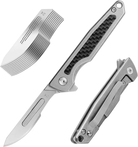 Vista 7 de ITOKEY Cuchillo de bisturí plegable, pequeño cuchillo de bolsillo de titanio con 10 cuchillas reemplazables #24, clip de bolsillo, cuchillo de negro