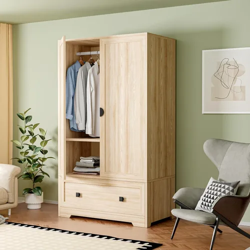 Vista 14 de VINGLI Armario Ropero Acanalado con Puertas y Cajones, Gabinete Armario con Barra para Colgar, Armario de Dormitorio de Madera de Roble, Armario