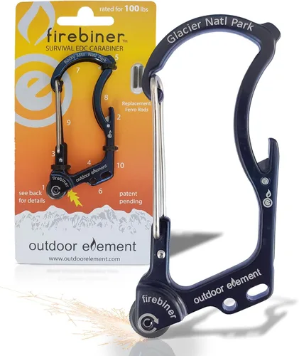 Vista 35 de OUTDOOR ELEMENT Firebiner Custom Engraved 6-in-1 Fire Starter Carabiner Multitool – Survival Gear EDC Keychain with Utility Blade, Bottle Opener
