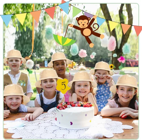 Vista 5 de Coume 12 sombreros de safari y chaleco, disfraz de safari incluye 6 sombreros de explorador de plástico y 6 chalecos de selva, suministros de fiesta