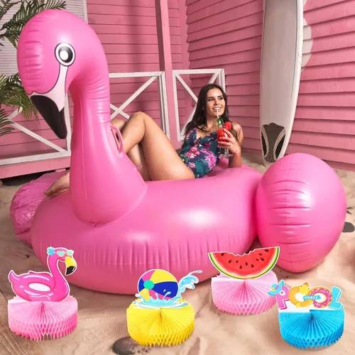Vista 6 de Teling 9 piezas de centros de mesa de panal de abeja de verano para piscina, playa, decoración 3D de doble cara sandía panal de abeja flamenco