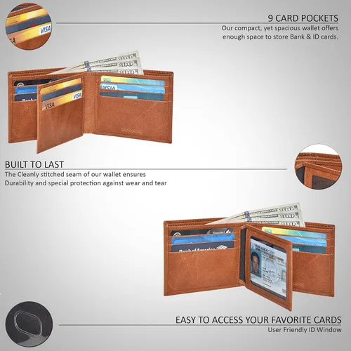 Vista 4 de Handmade RFID Leather Bifold Wallets For Men in Multiple Colors offering 9 Cards and 1 ID Slots