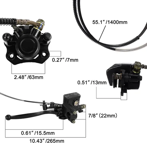 Vista 2 de RUTU Pinza de Cilindro Maestro de Freno Mano Izquierda Trasera Kit de Freno para Mini Bicicleta, Manguera de Freno de 53", Pastillas de Freno Disco