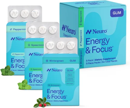 Vista 12 de Neuro Energy & Focus Gum - Goma de mascar de cafeína natural de 40 mg y suplemento energético nootrópico con L-teanina y vitaminas B, sin azúcar
