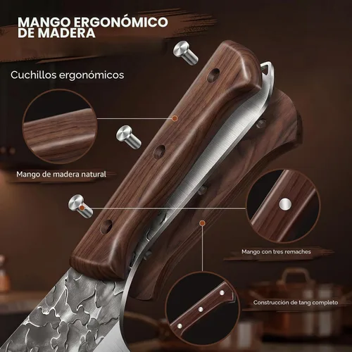 Vista 6 de Juego de cuchillos de carnicero forjados a mano con bolsa de rollo High Carbon Steel 14PCS Meat Cleaver Knife, Bone Chopper Knives, Fillet Knives