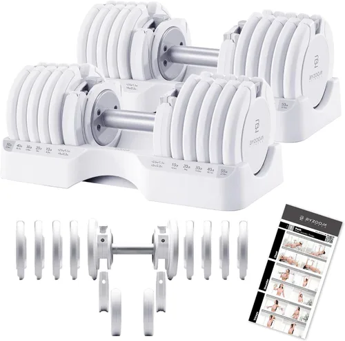 Vista 23 de ByZoom Fitness - Mancuerna ajustable de 12.5/25 libras – Unidad individual O juego de 2 – Peso ajustable 5-en-1 para gimnasio en casa, entrenamiento