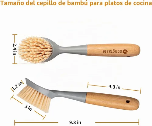 Vista 6 de 2 paquetes de cepillos de cocina con mango de bambú, limpiador de platos con raspador incorporado, cepillo de limpieza para sartenes, ollas